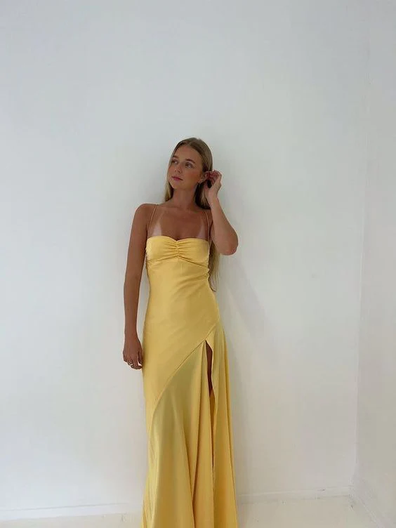 Spaghetti Straps Yellow Mermaid Long Party Dress Slit Prom Dress Secondary image