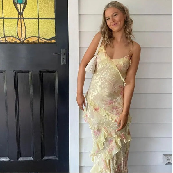 Spaghetti Straps Yellow Sheath Long Prom Dress Ruffled Lace Dress 2027 Secondary image