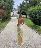 Spaghetti Straps Yellow Sheath Long Prom Dress Ruffled Lace Dress 2027