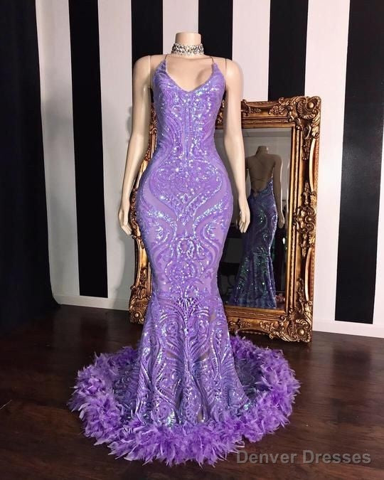 Spaghetti V-neck Sequins Floor Length Fur Train Mermaid Prom Dresses Secondary image