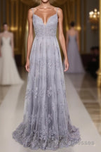 Spaghetti Straps Long Lace Prom Gown, A Line V Neck Sleeveless Formal Dress