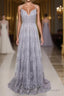 Spaghetti Straps Long Lace Prom Gown, A Line V Neck Sleeveless Formal Dress