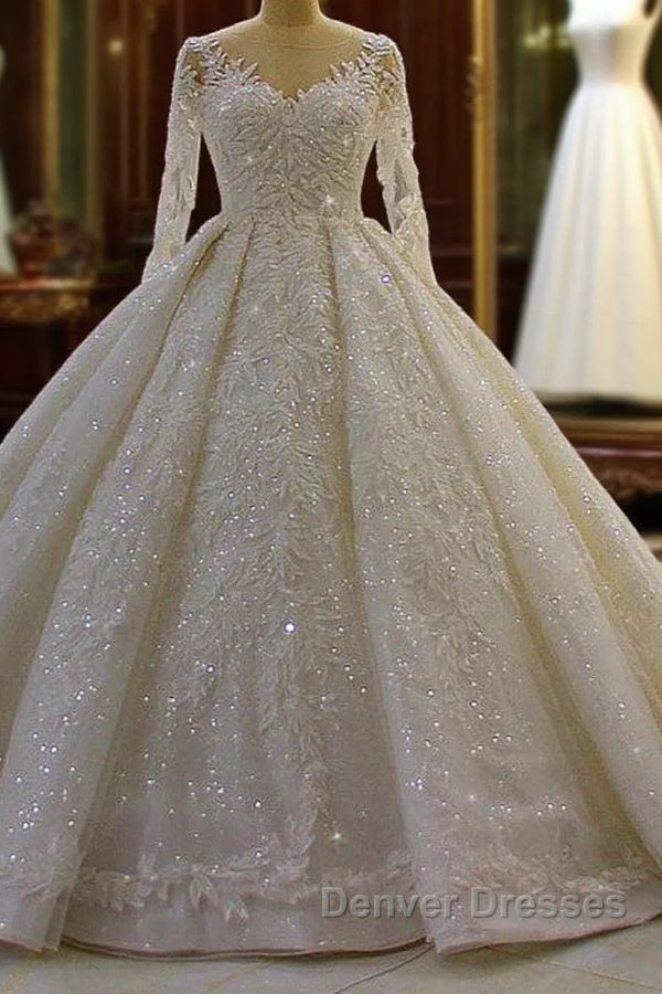 Sparkle 3D Lace Appliques Long Sleevess Church Train Wedding Dress Main image