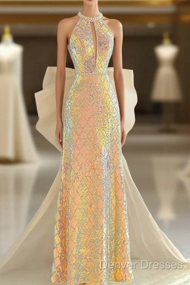 Sparkle A Line Scoop Neckline Sequin Gold Long Prom Dress Main image