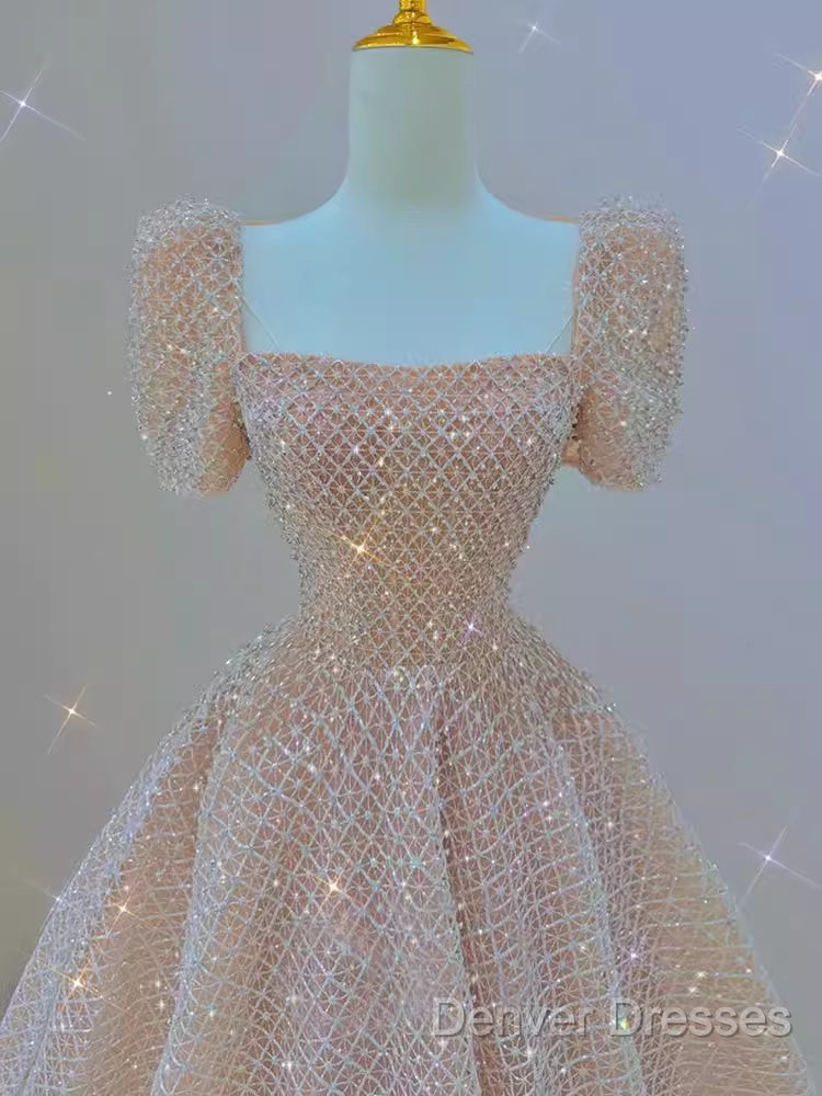 Sparkle A Line Square Neckline Sequin Pink Long Prom Dress