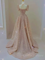 Sparkle A Line Square Neckline Sequin Pink Long Prom Dress