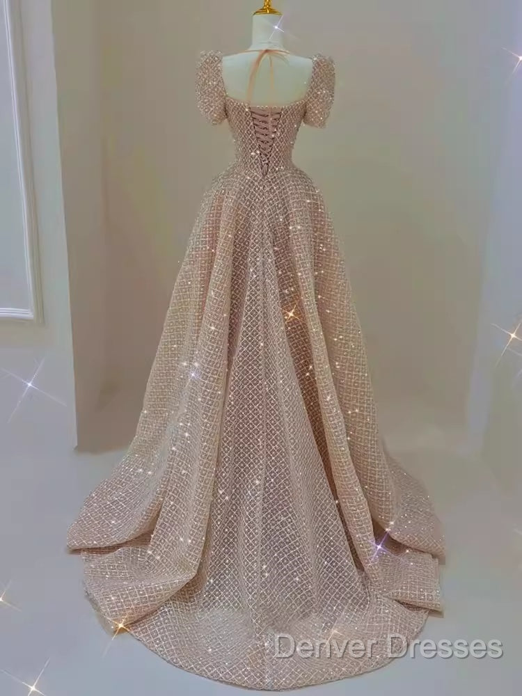 Sparkle A Line Square Neckline Sequin Pink Long Prom Dress