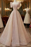 Sparkle A Line Square Neckline Sequin Pink Long Prom Dress