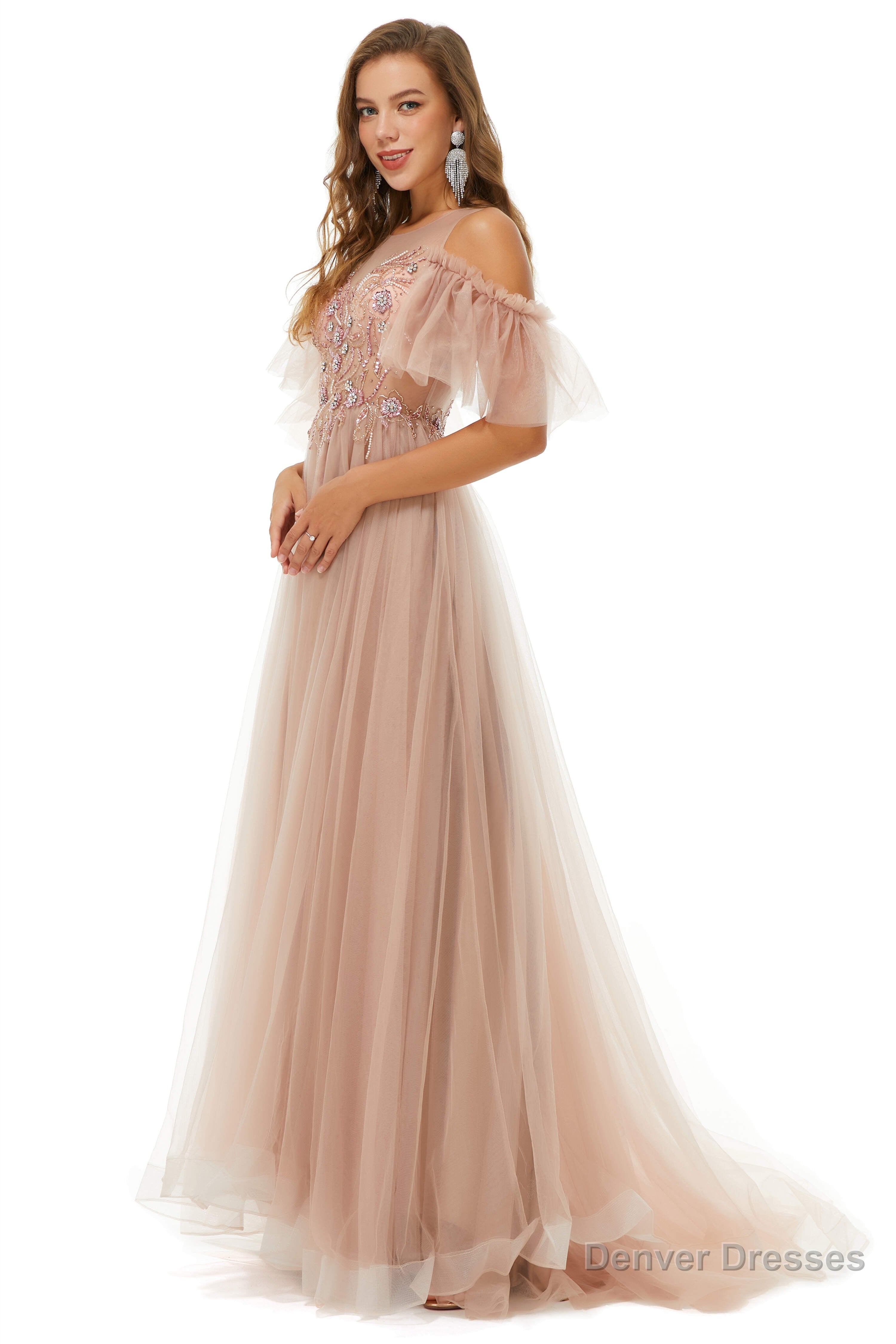 Sparkle Beaded Cool Shoulder A-Line Beaded Prom Dresses