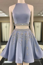 Sparkle Blue Two Pieces Beads Sequin Short Prom Homecoming Dress