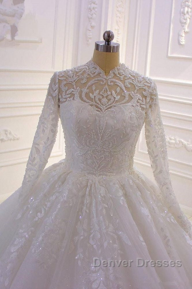Sparkle Lace Ball Gown High Neck Tull Long Sleevess Wedding Dress