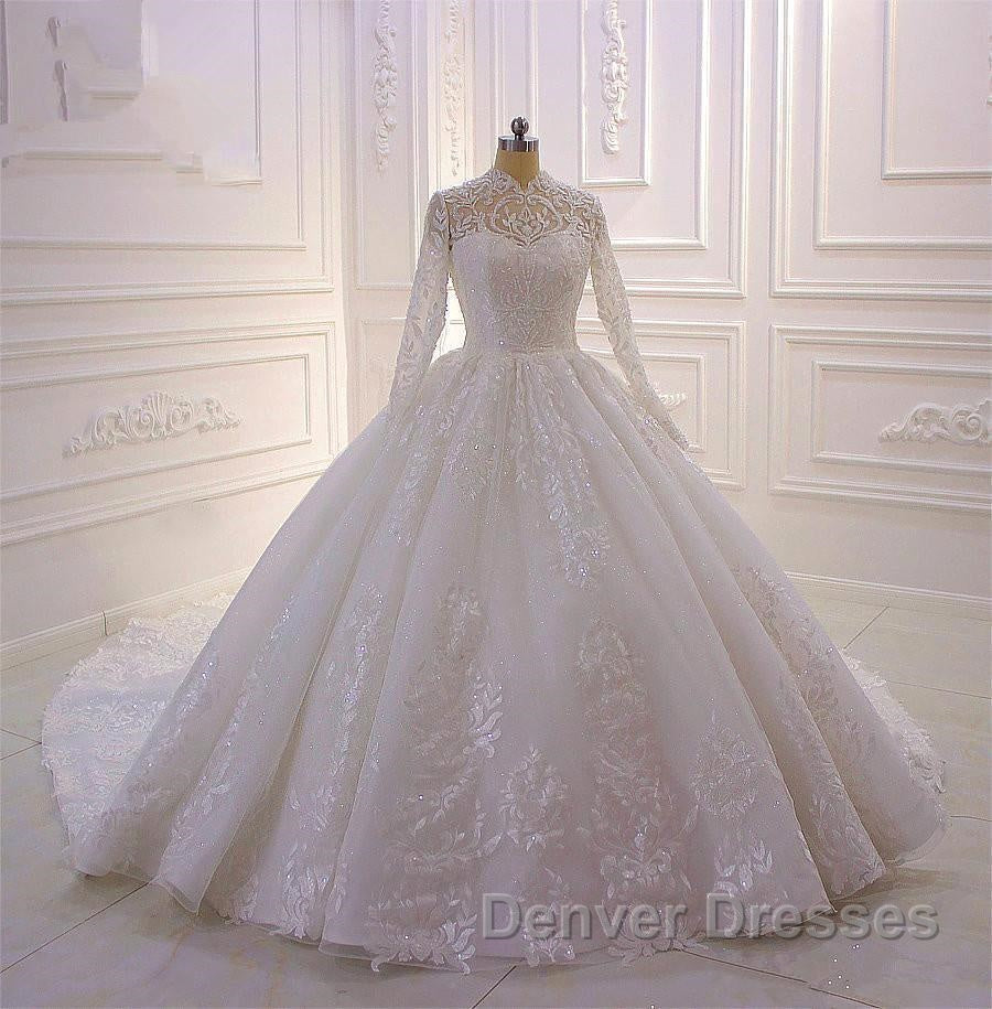 Sparkle Lace Ball Gown High Neck Tull Long Sleevess Wedding Dress