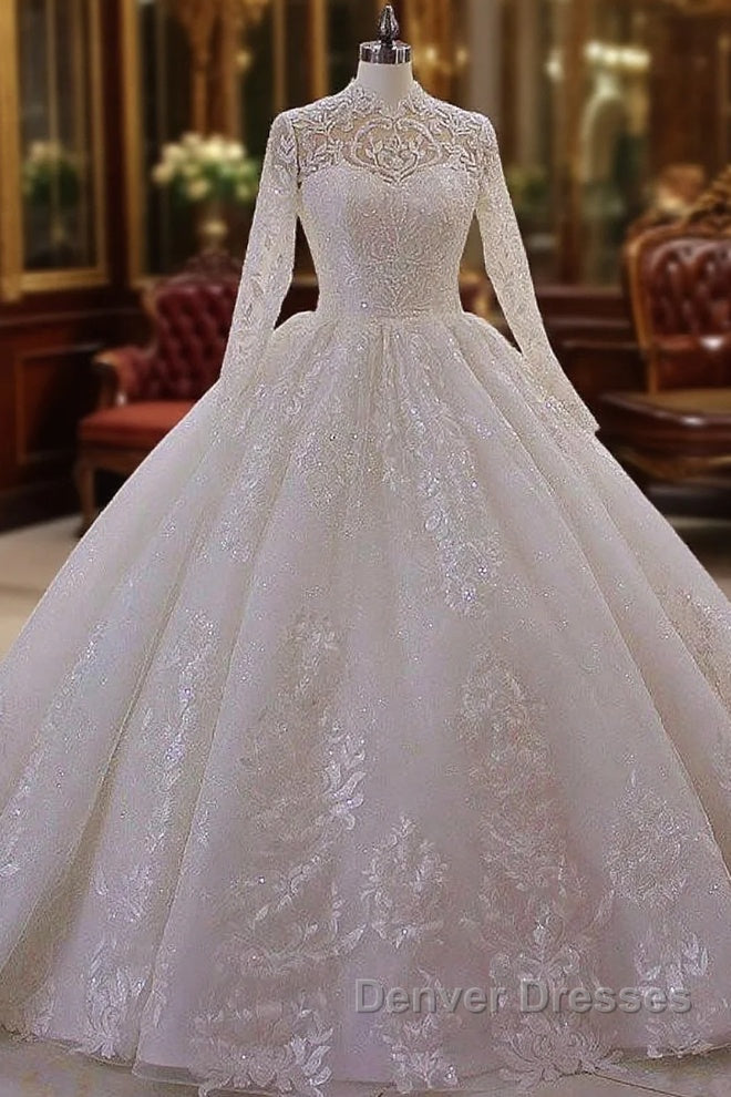Sparkle Lace Ball Gown High Neck Tull Long Sleevess Wedding Dress