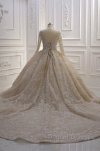 Sparkle Lace Long Sleevess Champange Luxurious corset Wedding Dress
