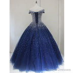 Sparkle Navy Blue Off Shoulder Ball Party Dress,Red Black Beaded Prom Dresses