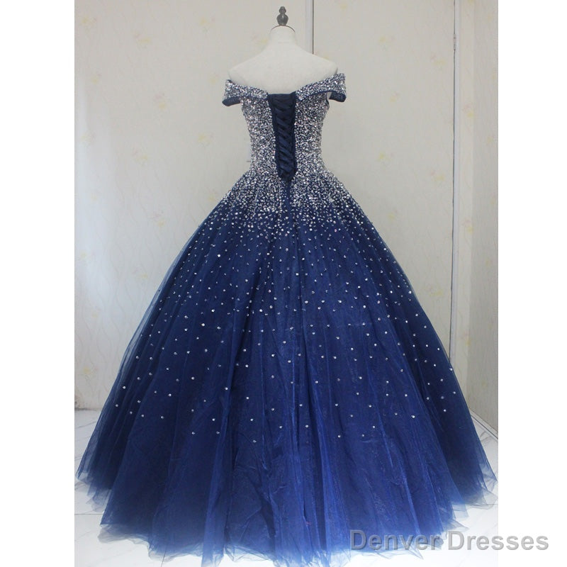 Sparkle Navy Blue Off Shoulder Ball Party Dress,Red Black Beaded Prom Dresses