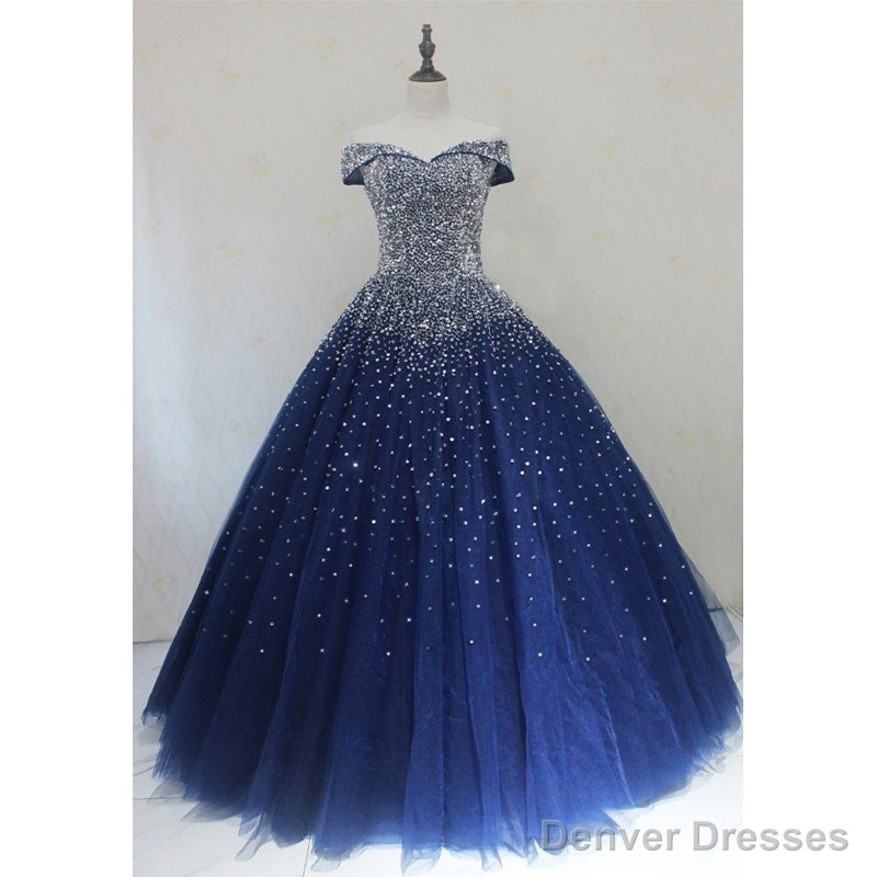 Sparkle Navy Blue Off Shoulder Ball Party Dress,Red Black Beaded Prom Dresses Main image