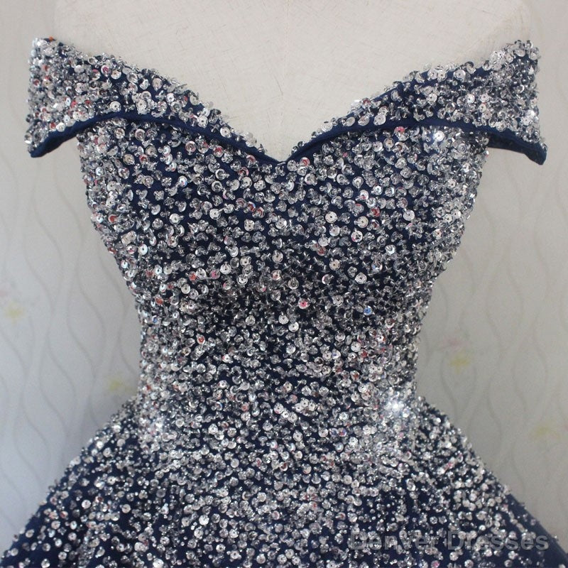 Sparkle Navy Blue Off Shoulder Ball Party Dress,Red Black Beaded Prom Dresses