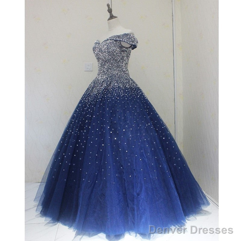 Sparkle Navy Blue Off Shoulder Ball Party Dress,Red Black Beaded Prom Dresses
