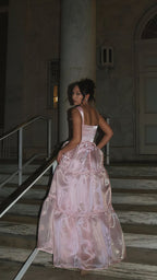 Sparkle Pink Organza A-Line Prom Dress, Floor Length Evening Party Dress