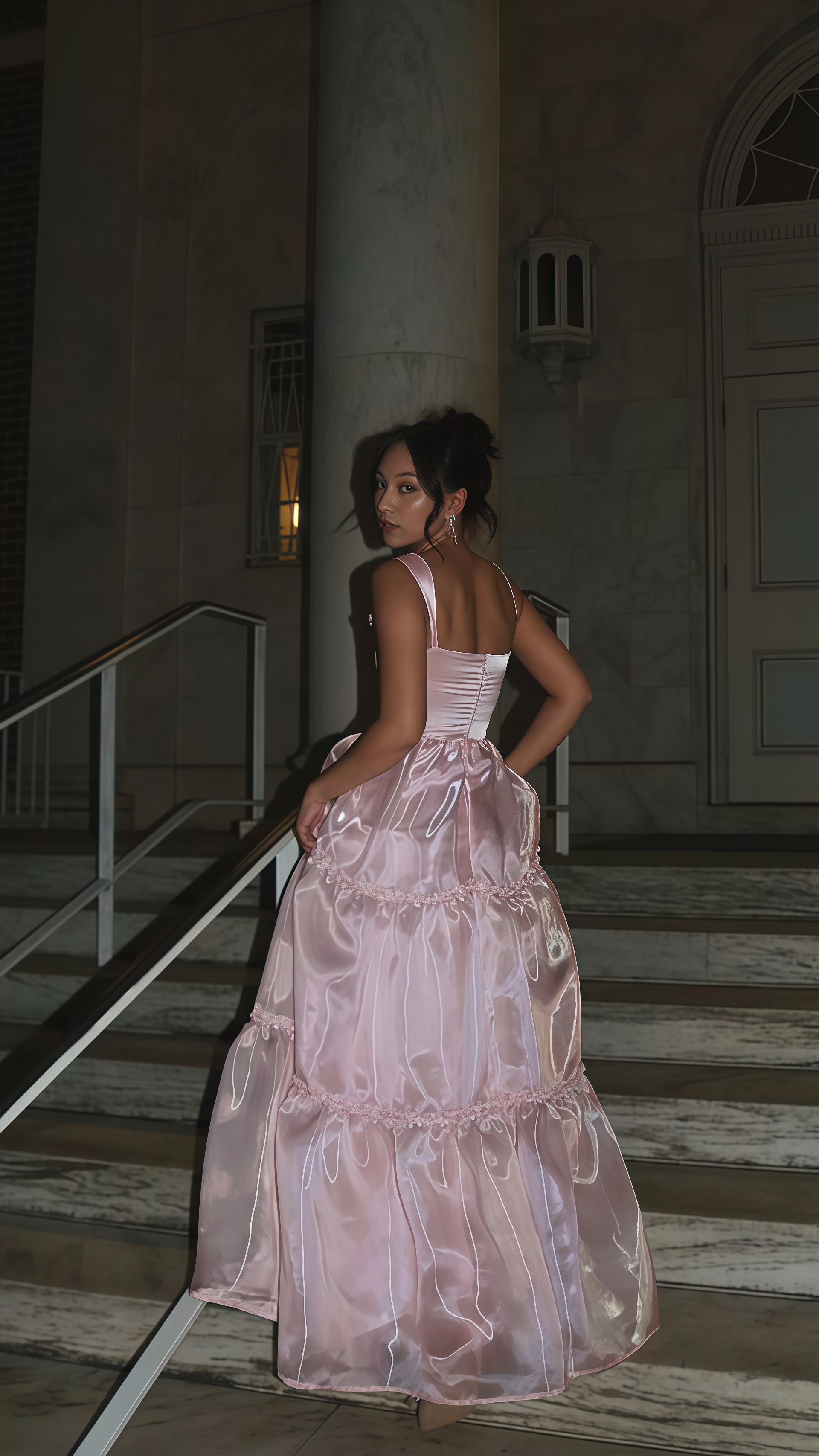 Sparkle Pink Organza A-Line Prom Dress, Floor Length Evening Party Dress