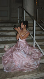 Sparkle Pink Organza A-Line Prom Dress, Floor Length Evening Party Dress