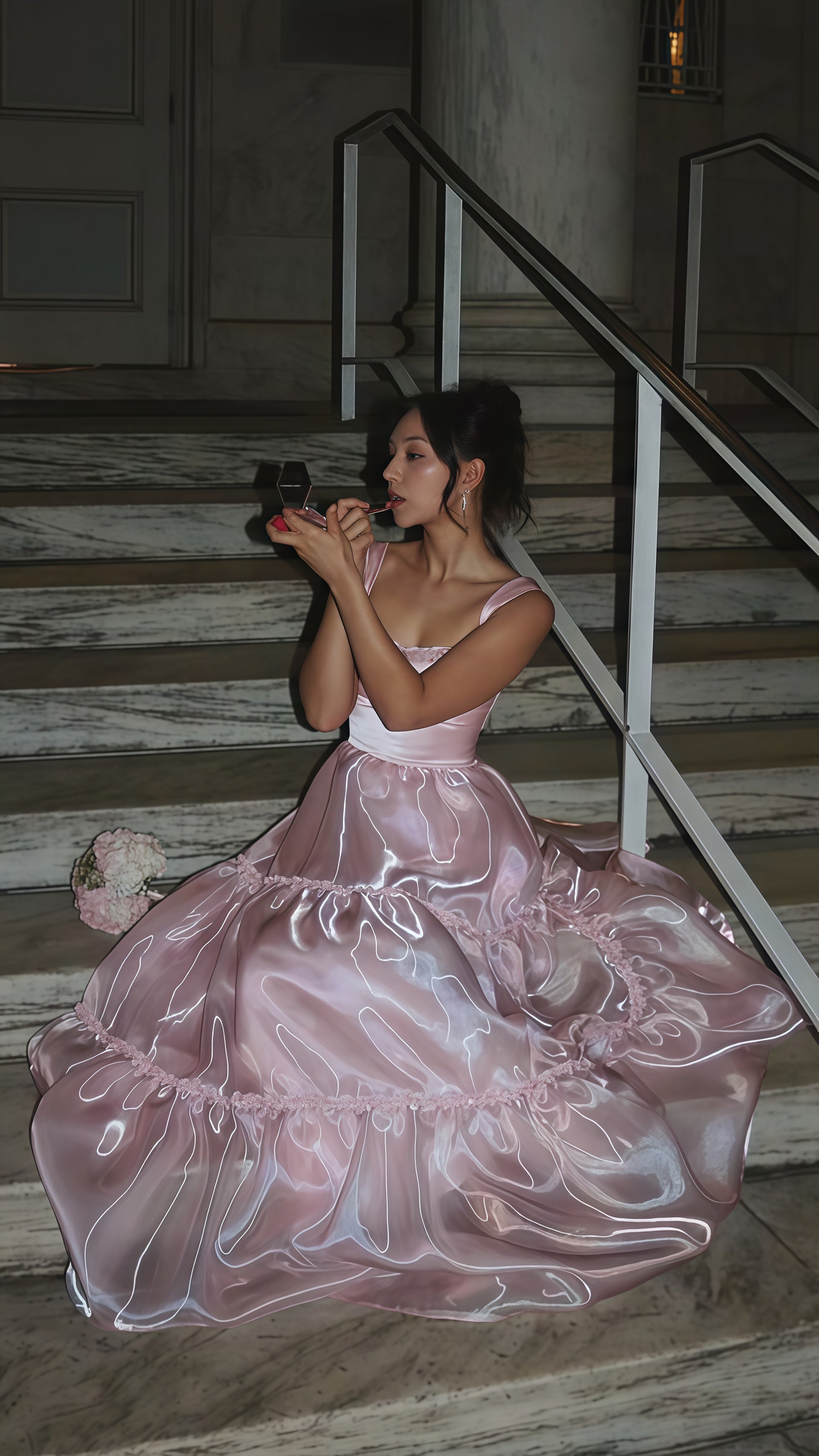 Sparkle Pink Organza A-Line Prom Dress, Floor Length Evening Party Dress