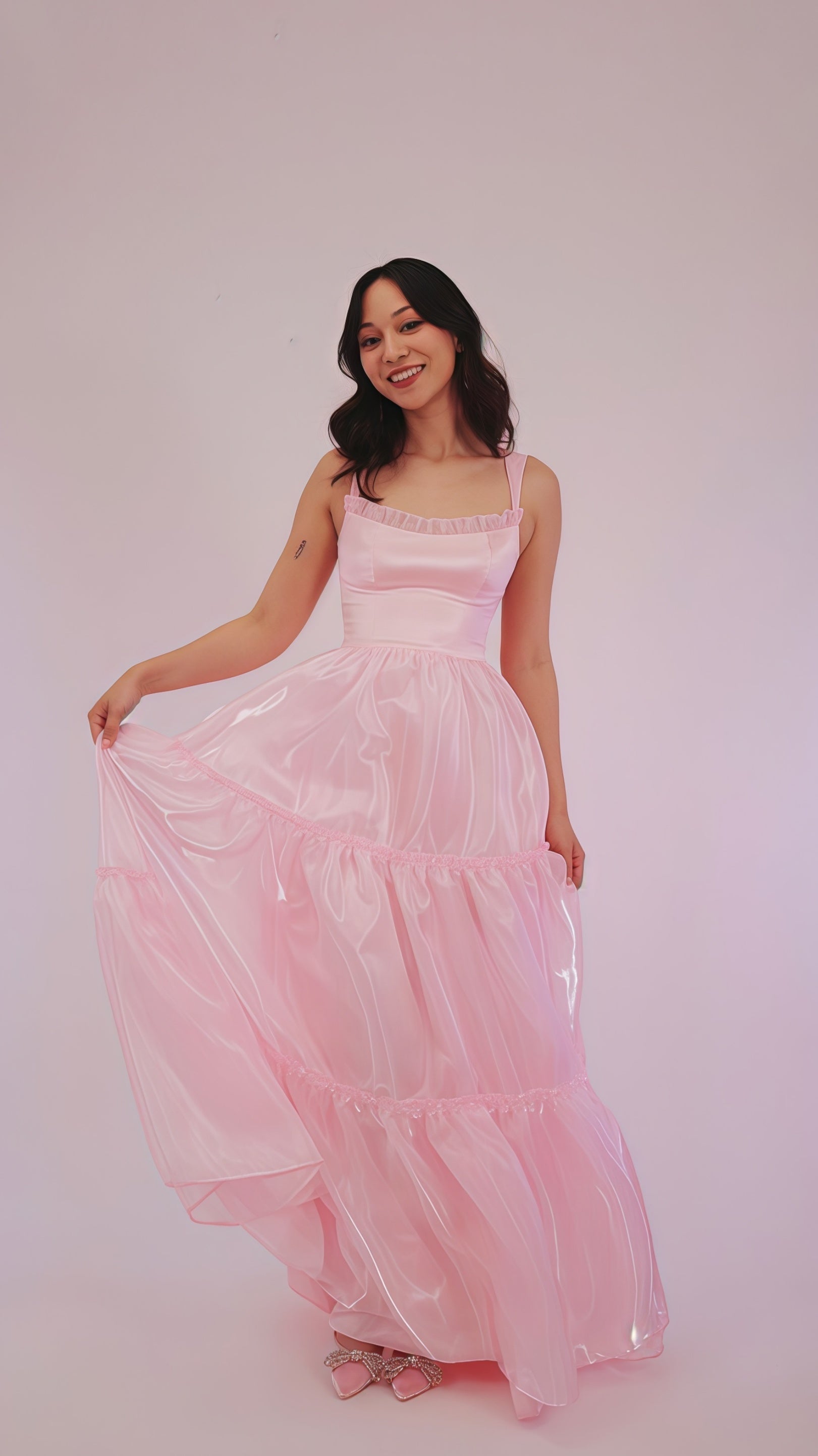 Sparkle Pink Organza A-Line Prom Dress, Floor Length Evening Party Dress