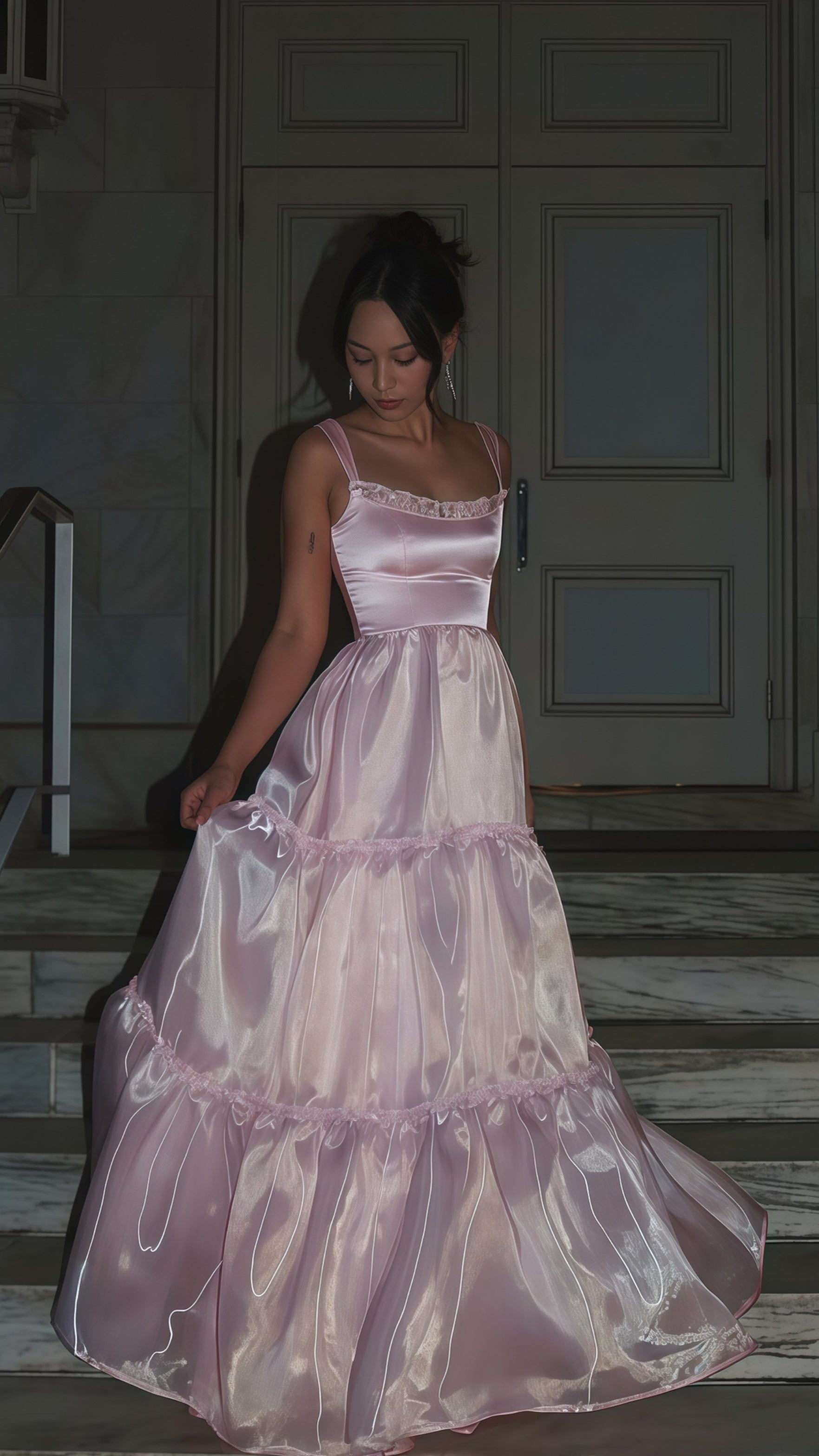 Sparkle Pink Organza A-Line Prom Dress, Floor Length Evening Party Dress Main image