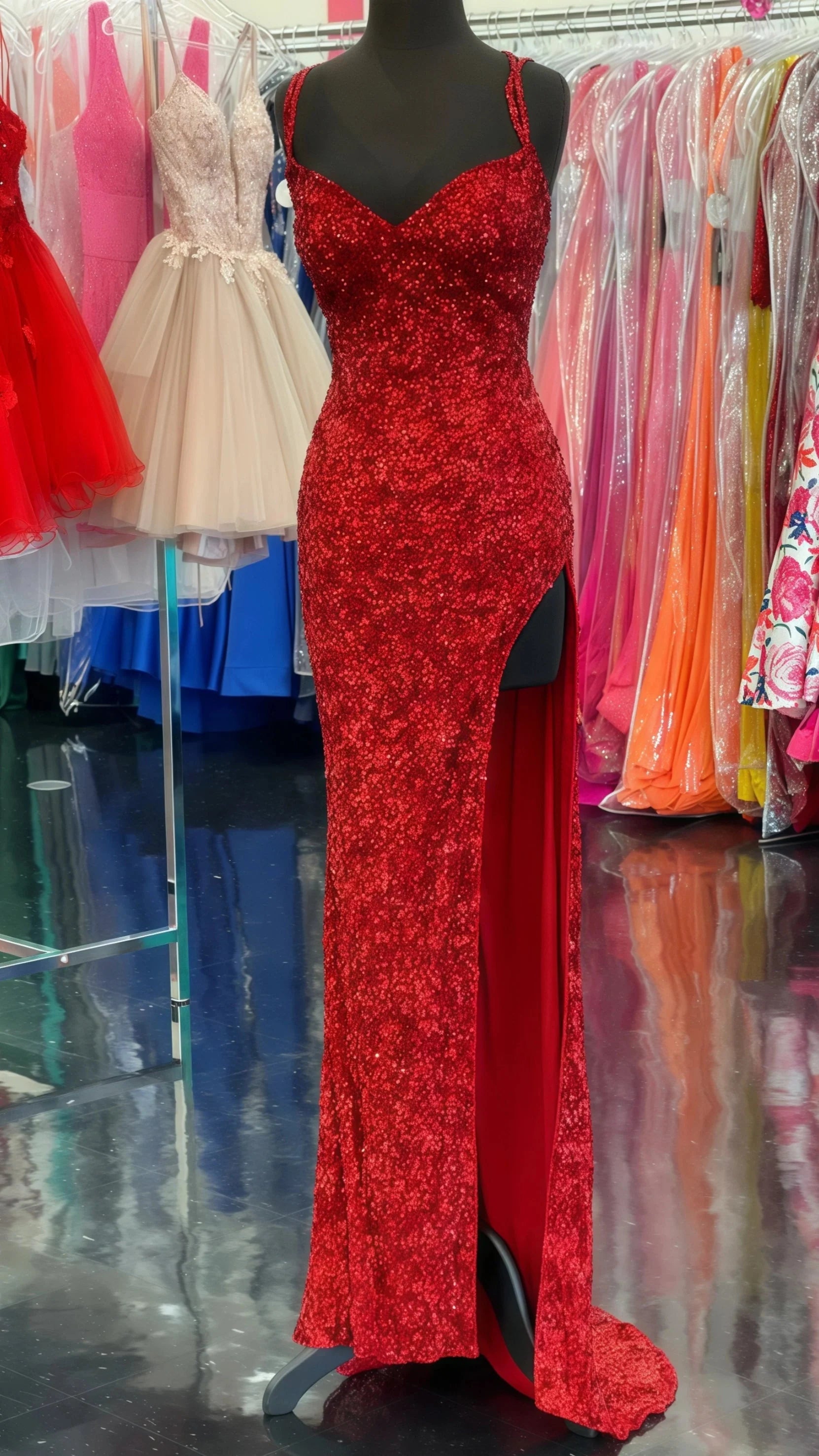 Sparkle Red Bodycon Sequined Long Prom Dress Secondary image