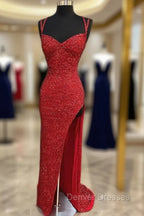 Sparkle Red Bodycon Sequined Long Prom Dress