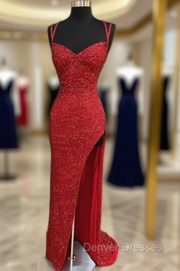 Sparkle Red Bodycon Sequined Long Prom Dress