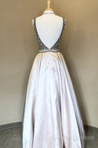 Sparkle Sequin Beaded V-Neck Long Satin Prom Dress