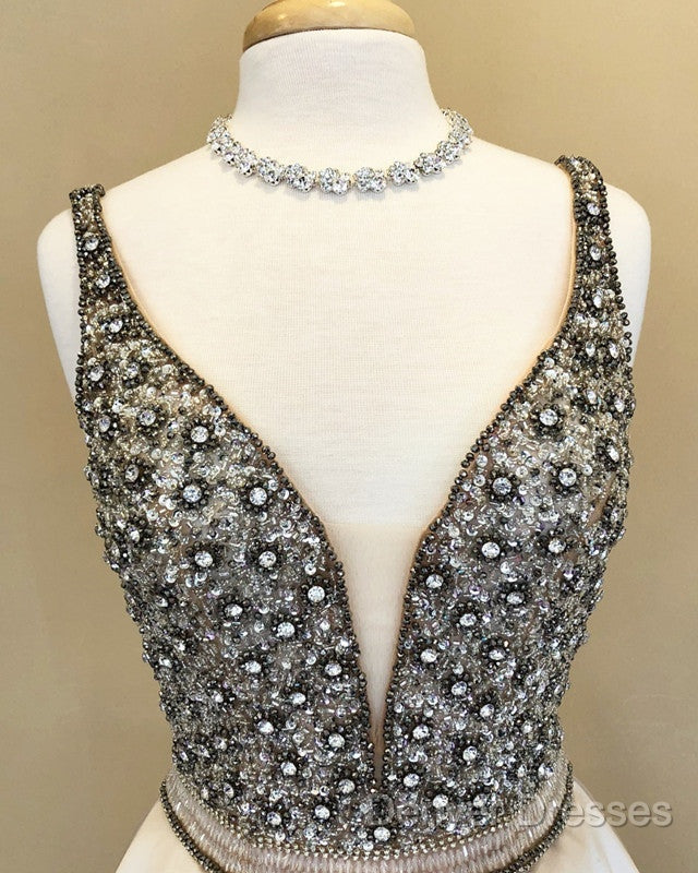 Sparkle Sequin Beaded V-Neck Long Satin Prom Dress