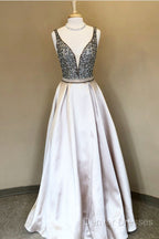Sparkle Sequin Beaded V-Neck Long Satin Prom Dress