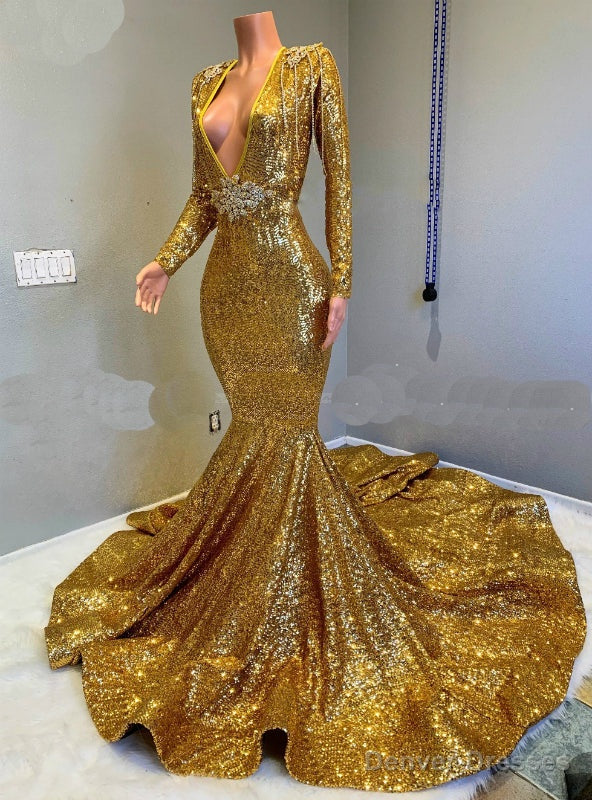 Sparkle Sequined Long Sleeves Mermaid Gold Prom Dresses with Long Train Main image