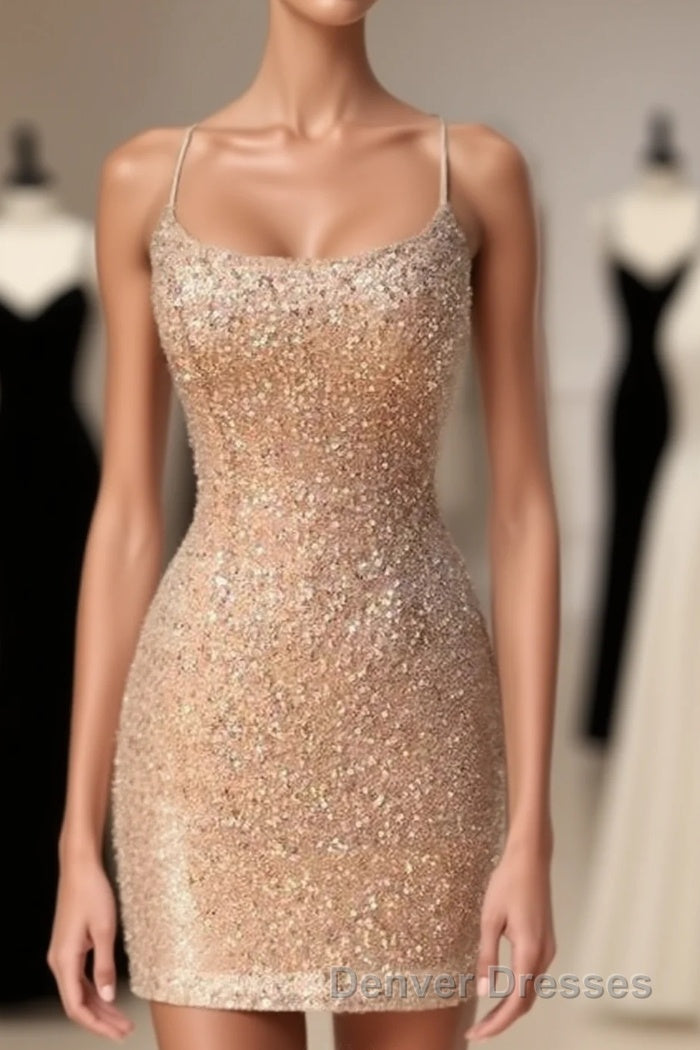 Sparkle Straps Tight Peach Sequins Short Homecoming Dress