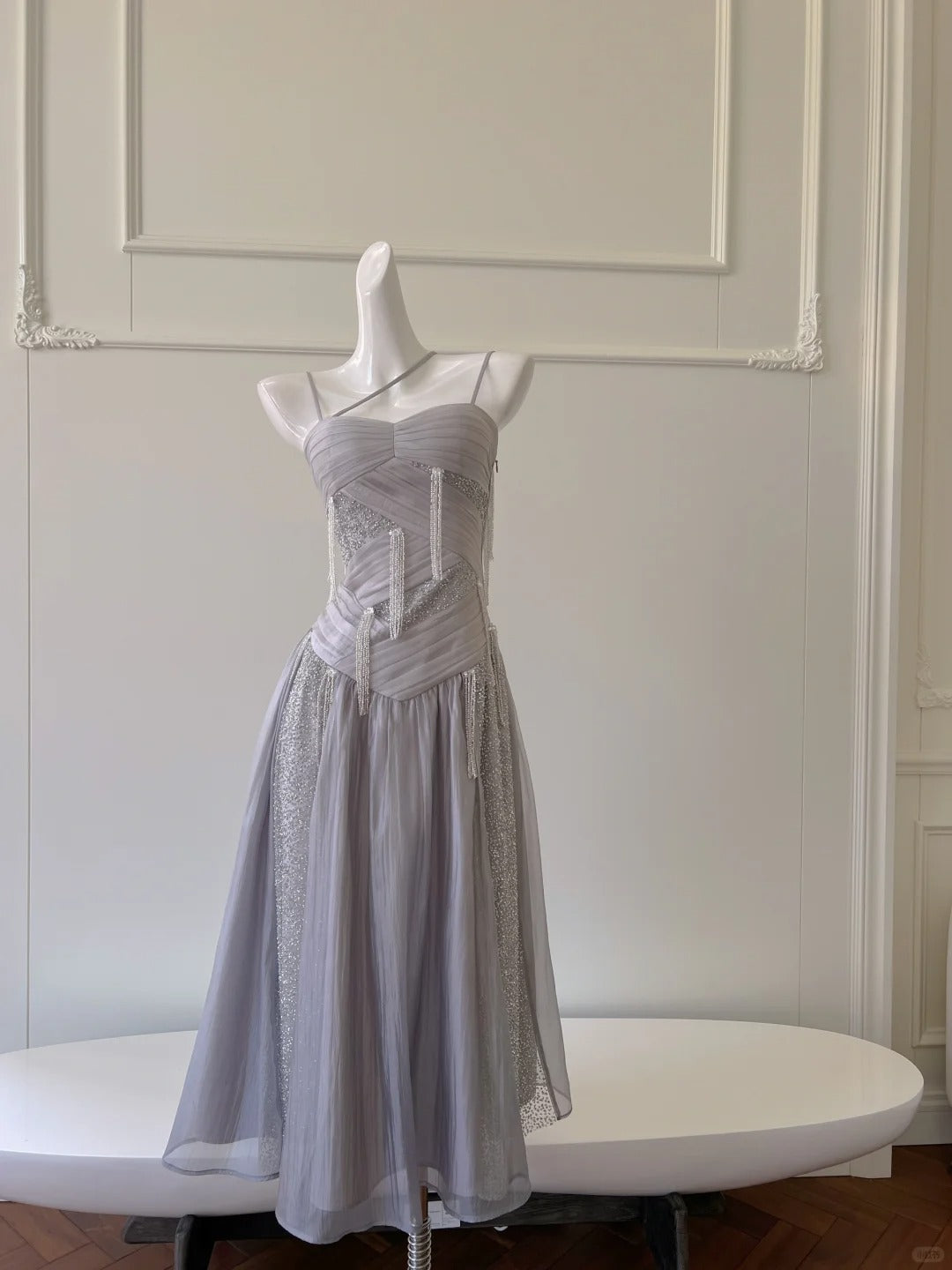 Sparkling A-Line Strap Sequined Tassel Tulle Long Prom Dress Evening Dress