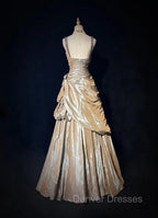 Sparkling A-Line V-Neck Satin Backless Long Prom Dress Formal Evening Dress Graduation Prom Dress