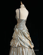 Sparkling A-Line V-Neck Satin Backless Long Prom Dress Formal Evening Dress Graduation Prom Dress