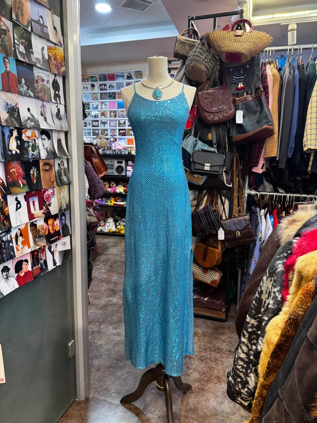 Sparkling Blue Crossback Sequined Long Prom Dress