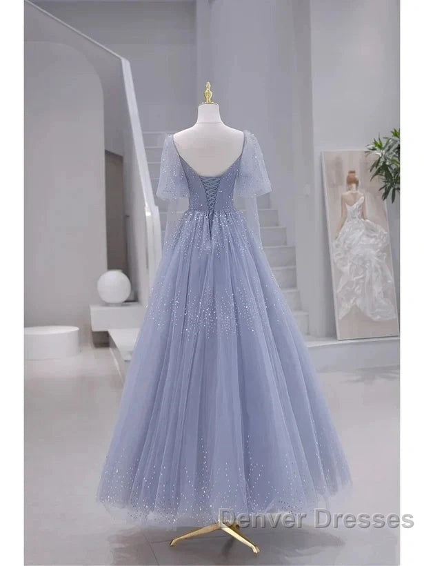 Sparkling Blue Short Sleeves Tulle Long Sweetheart Party Dress A-Line Blue Prom Dress Secondary image