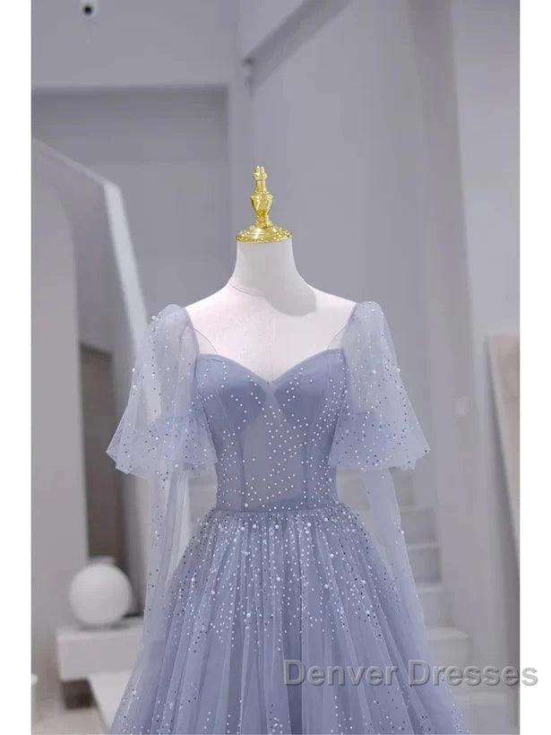 Sparkling Blue Short Sleeves Tulle Long Sweetheart Party Dress A-Line Blue Prom Dress