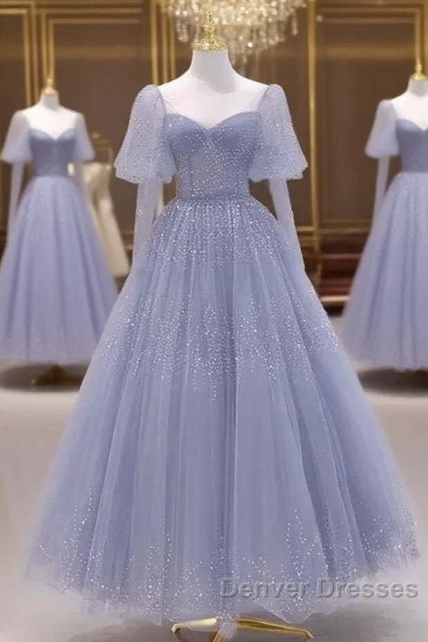 Sparkling Blue Short Sleeves Tulle Long Sweetheart Party Dress A-Line Blue Prom Dress Main image