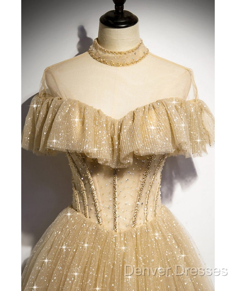 Sparkling Champagne Perspective High Neck Beaded Short Sleeved Ball Dress Champagne A-Line/Princess Sparkling Sheer Backless Strap And Floor Length Ruffled Edge Evening Dress