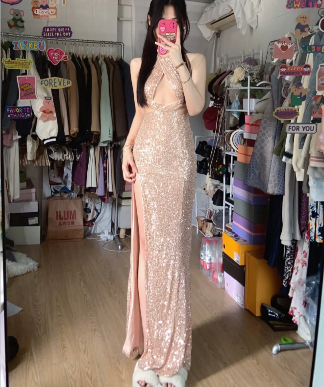 Sparkling Champagne Pink Halter Neck High Slit Sequined Long Prom Dress Evening Dress