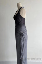 Sparkling Gradient Dark Gray Halter Neck Ruffle Sheath Prom Dress Birthday Dress