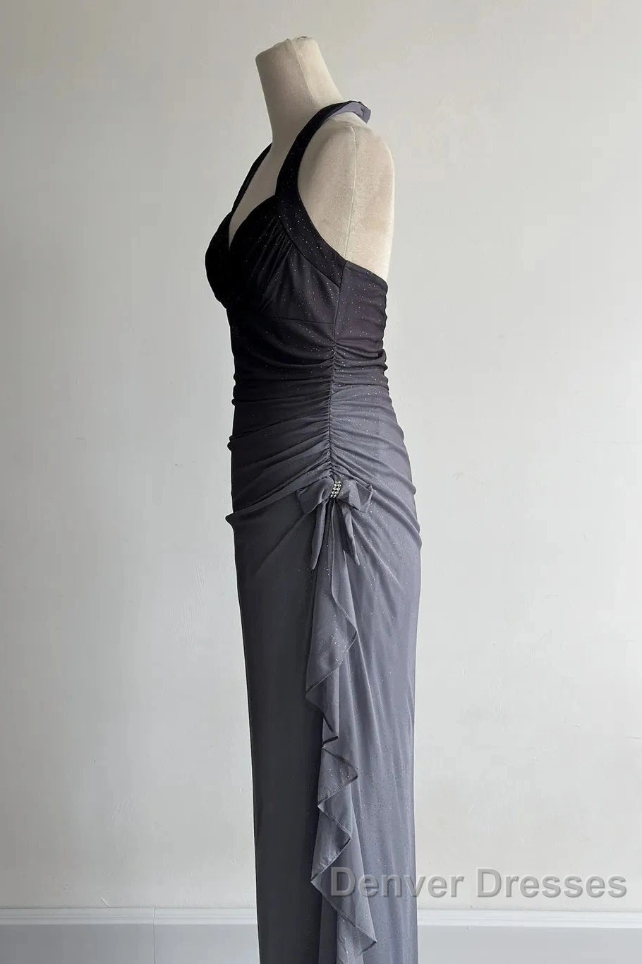Sparkling Gradient Dark Gray Halter Neck Ruffle Sheath Prom Dress Birthday Dress