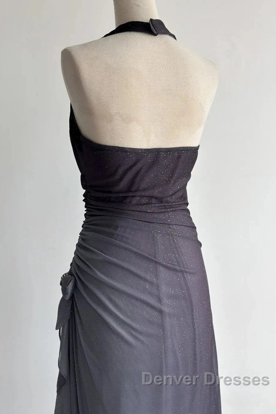 Sparkling Gradient Dark Gray Halter Neck Ruffle Sheath Prom Dress Birthday Dress