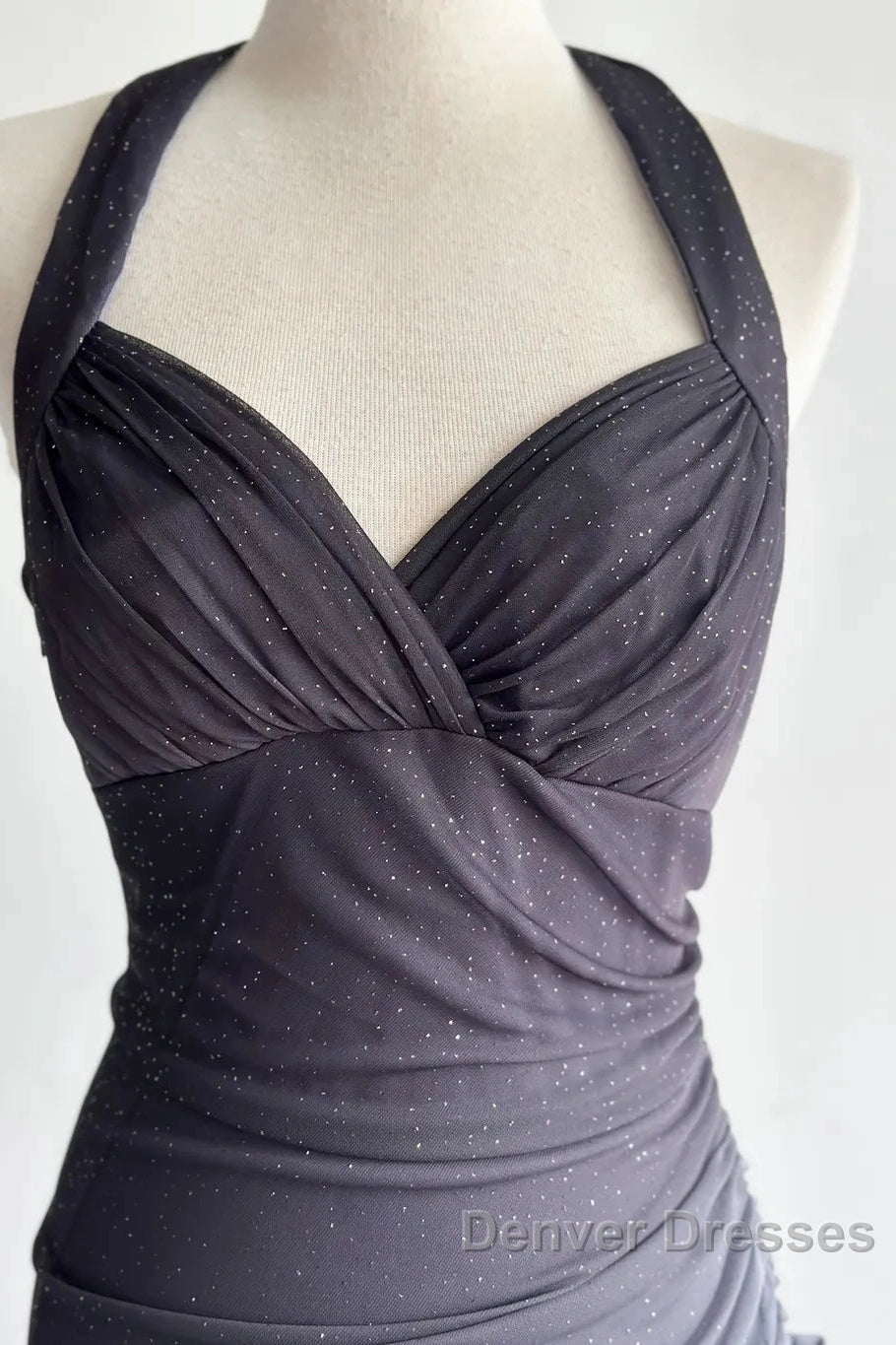 Sparkling Gradient Dark Gray Halter Neck Ruffle Sheath Prom Dress Birthday Dress